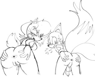 anthro anus balls bedroom_eyes big_butt blush bodily_fluids butt dripping duo female genital_fluids genitals jack_and_jill looking_at_viewer looking_back looking_back_at_viewer male multi_tail narrowed_eyes nervous nervous_smile penis precum precum_drip seductive spread_anus spreading sweat sweatdrop tail take_your_pick vaginal_fluids vulva ninotrash sega sonic_the_hedgehog_(series) miles_prower sally_acorn canid canine chipmunk fox ground_squirrel mammal rodent sciurid hi_res monochrome