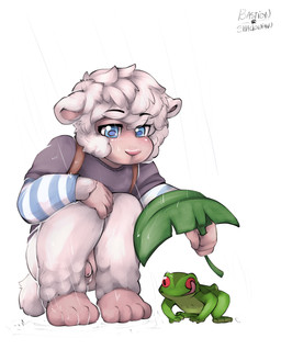 anthro balls biped blue_eyes clothed clothing duo eyebrows feral flaccid foreskin genitals humanoid_genitalia humanoid_penis leaf male penis quadruped raining shota simple_background small_penis white_background young young_anthro young_male raineshadowpaw amphibian bovid caprine frog mammal sheep absurd_res hi_res