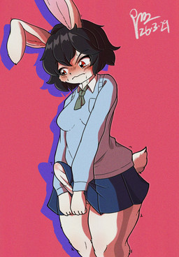 1990s_theme anthro big_ears blush bodily_fluids bottomwear breasts clothed clothing crossdressing dark_hair embarrassed erection erection_under_clothing erection_under_skirt floppy_ears genitals kemono male penis red_eyes retro sanding school_uniform skirt solo sweat throbbing throbbing_penis underwear uniform wet wet_clothing wet_underwear white_body peakon feng_ji_zhou lagomorph leporid mammal rabbit hi_res