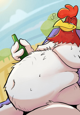 4_fingers alcohol anthro avian_caruncle beak beer belly beverage big_belly black_eyes bodily_fluids brown_body brown_feathers bubble cloud comb_(anatomy) day detailed_background drooling drunk dutch_angle feathers featureless_crotch fingers front_view head_crest holding_beverage holding_object huge_thighs light love_handles male moobs multicolored_body multicolored_feathers narrowed_eyes navel nude obese obese_anthro obese_male outside overweight overweight_anthro overweight_male saliva sky smile smirk solo substance_intoxication sun sunlight thick_thighs two_tone_body two_tone_feathers white_body white_feathers wide_hips yellow_beak sharkavian looney_tunes warner_brothers foghorn_leghorn avian bird chicken galliform leghorn_chicken phasianid 2021 absurd_res digital_media_(artwork) hi_res lighting shaded