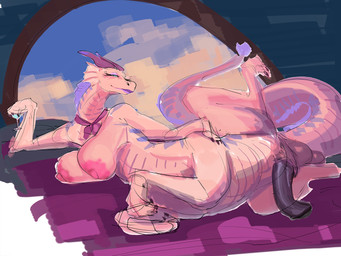 animal_genitalia animal_penis anthro ascot balls beverage breasts claws cocktail_glass container cup drinking_glass equine_genitalia equine_penis genitals glass glass_container glass_cup gynomorph intersex lipstick looking_at_viewer makeup multi_limb nipples penis pink_body raised_leg solo magnetus luck_(film) mythology babe_(luck) dragon dragon_taur mythological_creature mythological_scalie scalie taur 2024 4:3