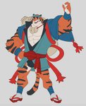 anthro clothing fur male muscular muscular_anthro muscular_male simple_background solo cyanroll xantouke paws_(cyanroll) felid mammal pantherine tiger 2021