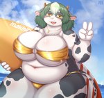 anthro belly big_belly big_breasts bikini blush breasts clothed clothing curvy_figure female gesture gold_(metal) gold_bikini gold_jewelry gold_necklace green_hair hair hand_gesture horn huge_breasts jewelry kemono navel necklace outside overweight overweight_anthro overweight_female sea seascape skimpy sky solo surfboard swimwear text thick_thighs two-piece_swimsuit v_sign voluptuous water wide_hips shibaemonxsk golden_week bovid bovine cattle holstein_friesian_cattle mammal 2023 english_text hi_res