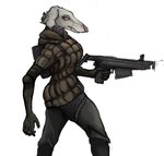 anthro assault_rifle backpack boots bottomwear breasts clothed clothing female footwear grey_eyes gun holding_object holding_ranged_weapon holding_weapon hood jacket legwear pants pink_nose ranged_weapon rifle scar shoes solo topwear weapon anon2000000 borzoi canid canine canis domestic_dog hunting_dog mammal sighthound hi_res