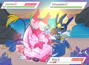balls big_butt big_power_bottom bodily_fluids butt covering covering_mouth cowgirl_position crossgender cum cum_in_vagina cum_inside debuff dominant dominant_female dorsal_fin electricity female female_symbol feral feral_on_feral fin forced from_front_position gameplay_mechanics gender_symbol genital_fluids genitals group gui gynomorph health_bar intersex intersex/female intersex_symbol larger_dom larger_female laying_on_another losing_health lying muffled_moaning on_back on_bottom on_top pawpads paws pokemon_battle power-up power_bottom sex size_difference smaller_intersex submissive submissive_intersex symbol trio slizzter nintendo pokemon charybdis_(royalchomper) levina_(royalchomper) zip_(luxio) eeveelution generation_1_pokemon generation_3_pokemon generation_4_pokemon hybrid_pokemon jolteon luxio pokemon_(species) sharpedo vaporeon absurd_res hi_res