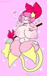 anthro big_breasts blinking breasts eyewear female glasses hair heart_symbol huge_breasts kerchief melee_weapon nipples pink_background pink_body pink_hair pink_nipples polearm simple_background solo spear weapon lewdchuu_(artist) kirby_(series) nintendo bandana_waddle_dee waddle_dee hi_res