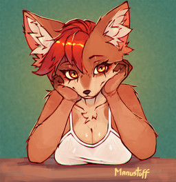 anthro big_breasts big_ears breasts brown_body brown_fur chest_tuft claws cleavage clothed clothing eyebrows eyelashes fauxhawk female fur furniture green_background hair head_in_hands inner_ear_fluff looking_at_viewer multicolored_body multicolored_fur orange_eyes red_hair shirt simple_background smile solo table tan_body tan_fur tank_top topwear tuft two_tone_body two_tone_fur white_clothing manustuff canid canine fox mammal hi_res
