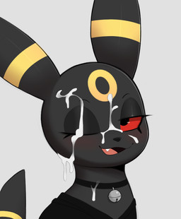 ambiguous_gender black_body black_nose black_tail bodily_fluids collar cum cum_on_face cute_fangs fangs feral genital_fluids multicolored_body multicolored_tail one_eye_closed quadruped red_sclera simple_background solo tail teeth tongue yellow_body yellow_tail arteficialtrees nintendo pokemon eeveelution generation_2_pokemon pokemon_(species) umbreon