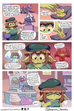 >_< bag beret big_breasts black_eyes blush bodily_fluids bottomwear breasts brown_hair clothing coin dessert ears_down eyelashes eyes_closed female female_humanoid food green_body green_bottomwear green_clothing green_hat green_headwear green_pants green_shirt green_skin green_topwear group hair halo hat headgear headwear humanoid_pointy_ears ice_cream money pants pink_hair pivoted_ears pointy_ears sad shirt short_hair shortstack shortstack_female shortstack_humanoid shoulder_angel shoulder_devil solo_focus standing sweat text topwear trio walking wide_hips wings yellow_sclera 20pesos_sopa lei_(20pesos_sopa) dark_elf elf goblin humanoid absurd_res comic english_text hi_res