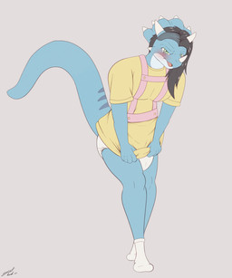 anthro blush bodily_fluids clean_diaper clothing diaper dress embarrassed female footwear harness looking_at_viewer raised_tail socks solo tail tears steelshark ceratopsian ceratopsid chasmosaurine dinosaur marginocephalian ornithischian prehistoric_species reptile scalie triceratops 5:6 absurd_res hi_res