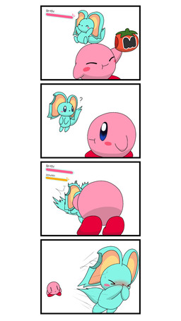 ambiguous_gender blue_eyes blush duo eyes_closed food gameplay_mechanics green_body gui health_bar kissing looking_at_another not_furry pink_body text yut_(pixiv) kirby_(series) kirby_and_the_forgotten_land nintendo elfilin kirby alien chinchilla chinchillid mammal rodent waddling_head 9:16 absurd_res comic hi_res japanese_text