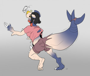 asymmetrical_transformation black_hair black_sclera bottomwear breasts butt claws clothing eyewear female fused_fingers glasses grey_background growth hair mid_transformation open_mouth shirt shorts simple_background solo species_transformation spike_growth spikes spikes_(anatomy) surprised tail tail_burst tail_growth topwear transformation nolhyaa nintendo pokemon garchomp generation_4_pokemon human mammal pokemon_(species) 2025 digital_media_(artwork) hi_res
