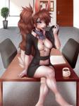 anthro beverage big_hair biped blue_eyes brown_hair clothed clothing coffee detailed_background female fur furniture hair long_hair looking_at_viewer office sitting solo table celeste_(artist) lagomorph leporid mammal rabbit 3:4 hi_res