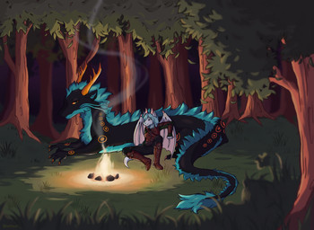 anthro armor biped blue_hair boots campfire clothed clothing detailed_background duo eyebrows eyelashes female feral fire footwear forest grass hair horn leaf male membrane_(anatomy) membranous_wings outside plant quadruped shoes sitting smoke spikes spikes_(anatomy) tail text tree wing_spikes wings ashpurr mythology caitlyn_bellerose lucas_pennington dragon mythological_creature mythological_scalie scalie artist_name digital_media_(artwork) hi_res shaded