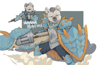 anthro armor black_hair blue_hair clothing ear_piercing eyebrow_piercing facial_piercing fur gloves grey_body grey_fur hair handwear holding_object holding_shield holding_weapon looking_at_viewer male multicolored_hair piercing shield simple_background solo t- tail topwear two_tone_hair weapon cabualocasia arknights hypergryph studio_montagne spot_(arknights) hyena mammal spotted_hyena 2026 hi_res