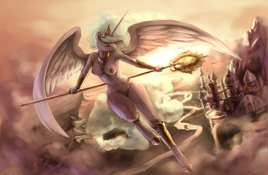 anthro anthrofied breasts building canterlot castle cloud crown eyes_closed feathered_wings feathers female flying fur gold_(metal) hair headgear horn jewelry melee_weapon multicolored_hair necklace nude outside palace polearm scepter sky solo staff sunset weapon white_body white_feathers white_fur wings audrarius friendship_is_magic hasbro my_little_pony mythology princess_celestia_(mlp) equid equine mammal mythological_creature mythological_equine winged_unicorn 2014 digital_media_(artwork) hi_res
