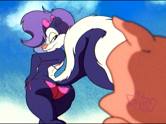 ambiguous_gender anthro big_butt biped butt clothing cloud duo eyelashes female female_anthro female_focus front_view looking_back low-angle_view mostly_nude panties sky solo_focus underwear mex0n3 tiny_toon_adventures warner_brothers fifi_la_fume hamton_j._pig mammal mephitid skunk 4:3