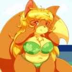 2014 5_fingers anthro big_ears big_tail bikini blonde_hair blush brown_eyes brown_fur brown_nose canine chest_tuft female fox fur hair hi_res long_hair looking_at_viewer mammal maverick outside smile solo standing swimsuit tuft water
Rating: Questionable
Score: 1
User: Cornell
Date: March 10, 2014