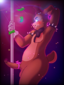 blush bow_tie brown_body brown_fur clothing dancing fur genitals gloves handwear male money penis pole pole_dancing solo toynnies five_nights_at_freddy's scottgames freddy_(fnaf) bear mammal