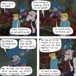 4_panel_comic anthro black_body black_hair black_sclera blonde_hair blue_hair bottomwear brown_eyes chain_piercing cigarette cigarette_in_mouth clothed clothing collar dialogue eye_contact facial_piercing fur greeting grey_body grey_fur group hair hoodie logo long_ears looking_at_another male nose_piercing object_in_mouth page_number pants piercing pink_clothing pink_shirt pink_topwear profanity red_eyes red_hair shirt speech_bubble spiked_collar spikes sweater tank_top text topwear vest white_body white_hair kriek_wildebeest jack_(kriek_wildebeest) jeremy_(kriek_wildebeest) parker_(kriek_wildebeest) ravi_(kriek_wildebeest) tom_(kriek_wildebeest) bird_dog border_collie borzoi canid canine canis cavalier_king_charles_spaniel collie domestic_dog herding_dog hunting_dog husky hybrid mammal nordic_sled_dog pastoral_dog portuguese_water_dog sheepdog sighthound spaniel spitz toy_dog wolf 1:1 artist_logo comic digital_drawing_(artwork) digital_media_(artwork) english_text hi_res multiple_scenes nonbinary_(lore)