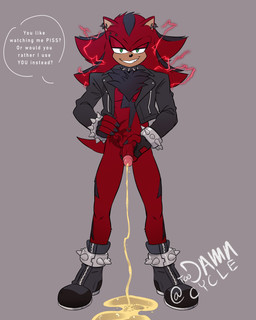 anklet anthro balls bodily_fluids boots bottomless bracelet choker clothed clothing dialogue ear_piercing eyebrow_piercing facial_piercing fluffy fluffy_chest footwear genital_fluids genitals green_eyes humanoid_genitalia humanoid_penis jacket jewelry leather leather_clothing leather_jacket leather_topwear legband looking_at_viewer male markings navel navel_piercing necklace peeing peeing_on_ground penis piercing red_body shoes smile solo speech_bubble spiked_anklet spiked_bracelet spiked_choker spiked_legband spikes tail talking_to_viewer teeth topwear urine urine_on_ground urine_pool urine_stream watersports toodamncycle sega sonic_the_hedgehog_(series) fan_character eulipotyphlan hedgehog human mammal 2023 4:5 digital_drawing_(artwork) digital_media_(artwork) hi_res