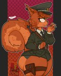 anthro big_butt blue_eyes bottomwear buckteeth bulge butt cigarette clothed clothing communism detailed_bulge fur german_flag germany gun hair hat headgear headwear holding_cigarette holding_object holster holstered_pistol hotpants huge_butt male military military_cap military_clothing military_uniform necktie orange_body orange_fur politics ranged_weapon shorts simple_background solo tail teeth text thick_thighs thigh_holster topwear uniform weapon wide_hips catboyz german_democratic_republic komissar_karl mammal rodent sciurid tree_squirrel absurd_res digital_media_(artwork) german_text hi_res translated