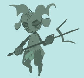 anthro big_penis biped black_arms black_body black_fur black_socks_(marking) blue_background bodily_fluids cum cum_drip dripping floppy_ears foreskin fur genital_fluids genitals grey_body half-erect head_tuft holding_melee_weapon holding_object holding_polearm holding_trident holding_weapon horn lidded_eyes lightened_balls lightened_penis male melee_weapon nude partially_retracted_foreskin penis polearm shortstack shortstack_male simple_background solo spiral_horn tears trident tuft weapon wide_hips big-fig ali_(big-fig) bovid caprine caprine_demon demon goat_demon mammal