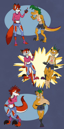 anthro breasts duo female navel pushbutton simple_background species_transformation transformation trevor-fox canid canine dinosaur dromaeosaurid fox mammal prehistoric_species reptile scalie theropod 1:2 2019 hi_res