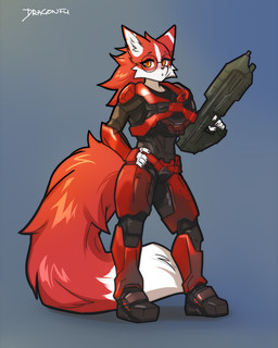 5_fingers anthro armor assault_rifle biped bottomwear claws clothed clothed_anthro clothed_female clothing eyewear female finger_claws fingers front_view fully_clothed fully_clothed_anthro fully_clothed_female fur glasses gun hair holding_gun holding_object holding_ranged_weapon holding_weapon looking_at_viewer ranged_weapon red_body red_eyes red_fur red_hair red_tail rifle simple_background solo spartan_armor_(halo) standing tail topwear weapon dragonfu halo_(series) microsoft xbox_game_studios athena_(pleasenerf) canid canine fox mammal 2026 digital_drawing_(artwork) digital_media_(artwork) hi_res