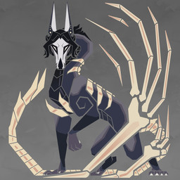 ambiguous_gender black_body black_hair bone empty_eyes feral grey_body hair long_neck markings side_view simple_background solo tan_markings kardinaluz canid canine mammal 1:1 hi_res