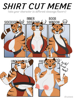 4_fingers anthro areola big_breasts breasts cleavage clothed clothing dialogue female fingers fur holding_breast huge_breasts looking_at_viewer multicolored_body nipples nude orange_body orange_eyes orange_fur side_boob smile solo stripes text topwear under_boob white_body white_fur yellow_sclera pancarta dreamworks kung_fu_panda shirt_cut_meme master_tigress felid mammal pantherine tiger 2021 absurd_res english_text hi_res meme