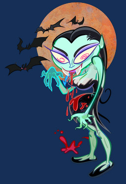 4_fingers black_clothing black_dress black_footwear black_hair blood blood_from_mouth blood_in_mouth bodily_fluids breasts cleavage clothed clothing dress fangs female female_humanoid fingers flats_(shoes) footwear green_body green_skin hair humanoid_focus humanoid_pointy_ears long_hair moon pink_eyes pointy_ears purple_eyelids shoes smile solo_focus spiral spiral_pupils standing strapless_clothing strapless_dress teeth toony john_k bat humanoid mammal vampire 2019 alpha_channel digital_media_(artwork) hi_res