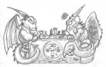 annoyed anthro board_game chess clock duo female glaring impatient male pensive playing tail reddragonkan mythology dragon mythological_creature mythological_scalie scalie graphite_(artwork) low_res monochrome traditional_media_(artwork)