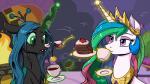 beverage cake container cup dessert drinking duo eyeshadow feathered_wings feathers female food glowing green_eyes horn levitation magic makeup purple_eyes saucer sparkles tea tea_cup wings latecustomer friendship_is_magic hasbro my_little_pony mythology princess_celestia_(mlp) queen_chrysalis_(mlp) arthropod changeling equid equine mammal mythological_creature mythological_equine unicorn 16:9 2015 hi_res widescreen