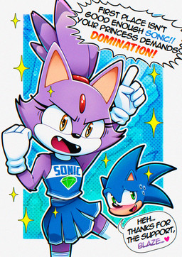 anthro blush bodily_fluids bottomwear cheerleader cheerleader_outfit clothing duo female green_eyes hair heart_symbol hero male male/female ponytail princess royalty skirt smile speech_bubble sweat sweatdrop yelling yellow_eyes chainchomped sega sonic_the_hedgehog_(series) blaze_the_cat sonic_the_hedgehog domestic_cat eulipotyphlan felid feline felis hedgehog mammal hi_res