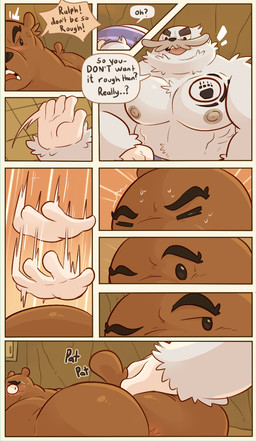anthro anus bully bullying butt chest_tattoo dialogue duo embarrassed male male/male muscular muscular_male nipples nude pecs removing_shirt roughhousing rubbing_butt spanking_threat speech_bubble tattoo text haxsmack cartoon_network we_bare_bears grizzly_(we_bare_bears) ralph_(we_bare_bears) bear mammal sasquatch yeti comic english_text hi_res