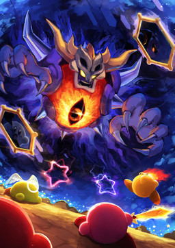 ambiguous_gender biped chest_eye detailed_background dutch_angle fight fire floating_hands group holding_melee_weapon holding_object holding_sword holding_weapon legless lying male melee_weapon mirror not_furry on_back on_front pink_body red_body size_difference star_polygon sword unconscious weapon suyasuyabi427 kirby_(series) kirby_and_the_amazing_mirror nintendo cupid_kirby dark_meta_knight dark_mind_(kirby) fire_kirby kirby shadow_kirby humanoid waddling_head 2022 absurd_res digital_drawing_(artwork) digital_media_(artwork) hi_res signature