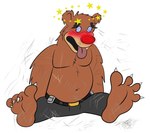 4_toes anthro belly bottomwear brown_body clothing feet male moobs navel pants simple_background sitting slightly_chubby solo toes tongue tongue_out white_background jolly_the_lizard brok_the_investigator cowcat_games r.j._(brok_the_investigator) bear mammal 2023 hi_res