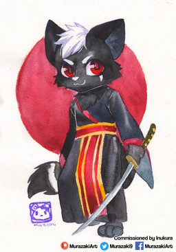 abstract_background anthro biped chibi clothed clothing fully_clothed fur hair holding_object holding_weapon katana looking_at_viewer male melee_weapon paws simple_background smile solo standing sword weapon murazaki canid canine mammal hi_res painting_(artwork) traditional_media_(artwork) traditional_painting_(artwork) traditional_watercolor_(artwork) watercolor_(artwork)