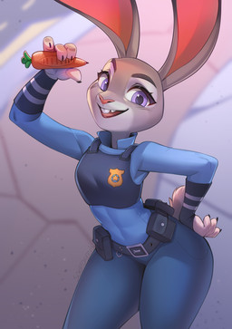 4_fingers abs anthro belt biped bottomwear breasts butt carrot_pen claws clothed clothed_anthro clothed_female clothing female finger_claws fingers front_view fully_clothed fully_clothed_anthro fully_clothed_female fur grey_body grey_fur grey_tail holding_object looking_at_viewer open_mouth open_smile pants purple_eyes small_breasts smile solo standing tail teeth thick_thighs tongue topwear wide_hips sorafoxyteils disney zootopia judy_hopps european_rabbit lagomorph leporid mammal oryctolagus rabbit 2025 digital_drawing_(artwork) digital_media_(artwork) hi_res