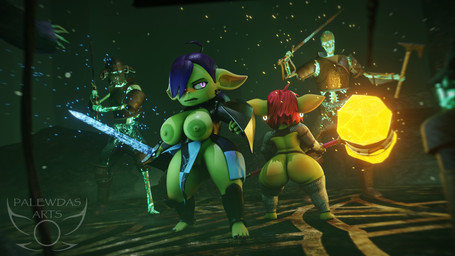 4_fingers amber_eyes areola armor atmosphere atmospheric_perspective belly bevor big_breasts big_butt big_ears biped blush bone boots breasts butt chainmail clothed clothing ear_piercing ear_ring exposed_breasts faceplate fantasy female female_humanoid fingers footwear genitals giant_hammer green_body hair hammer holding_object holding_weapon knight maul melee_weapon nipples oversized_weapon paladin piercing poster purple_eyes purple_hair red_hair ring_piercing shield shoes shortstack skeleton slightly_chubby sword thick_thighs tools unconvincing_armor vulva warrior weapon palewdas_arts palewdasarts_(modeler) enna_(palewdasarts) mina_(palewdasarts) goblin humanoid undead 16:9 3d_(artwork) digital_media_(artwork) hi_res tagme wallpaper widescreen