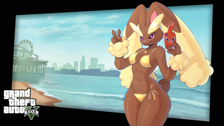 anthro beach big_ears bikini black_sclera breasts brown_body brown_fur cellphone city city_background claws clothing collar electronics female finger_claws fur gesture gold_(metal) gold_bikini gold_collar hand_gesture holding_cellphone holding_object holding_phone holding_smartphone long_ears looking_at_viewer medium_breasts metal_collar narrowed_eyes navel phone pink_eyes red_phone ring sand scut_tail short_tail smartphone smile smiling_at_viewer solo swimwear tail text thick_thighs two-piece_swimsuit v_sign water wave yellow_body yellow_fur perezstart53 grand_theft_auto grand_theft_auto_v nintendo pokemon rockstar_games animate_inanimate generation_4_pokemon lagomorph leporid lopunny mammal pokemon_(species) rabbit rotom rotom_phone artist_name hi_res