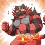 anthro barazoku belly biped blush bodily_fluids eyes_closed fur humanoid_hands kemono male red_body red_fur solo sweat emufu nintendo pokemon generation_7_pokemon incineroar pokemon_(species) 1:1 2017