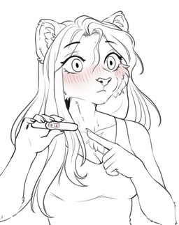 blush clothing female gesture hair hand_gesture pointing pregnancy_test shirt tank_top topwear kyotoleopard felid mammal absurd_res hi_res sketch