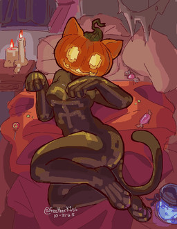 anthro bed breasts candle candy curtains dessert detailed_background female food for_a_head furniture holidays jack-o'-lantern looking_at_viewer lying on_bed on_side paw_pose pillow pose solo tail gaypassionfruit epic_games fortnite halloween spice_(fortnite) domestic_cat felid feline felis mammal object_head 2025