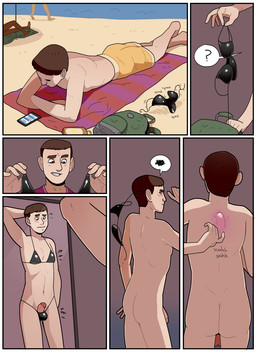 backpack balls beach blush bottomwear bra brown_eyes brown_hair butt clothing detailed_background electronics fin genitals group hair latex looking_at_mirror looking_at_object lying male mirror onomatopoeia outside panties penis phone pink_body pink_skin question_mark sand scratching sea seaside shorts solo_focus sound_effects speech_bubble text transformation transformation_sequence underwear water blackshirtboy animate_inanimate human living_clothing mammal 2014 digital_media_(artwork) sequence