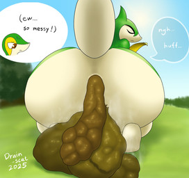 anthro anus big_butt butt butt_focus dialogue duo eyes_closed feces feces_in_ass feces_on_ground feces_pile female female/female forest green_body huge_butt multicolored_body outside plant pooping pooping_on_floor rear_view sky speech_bubble tail tan_body text tree two_tone_body wide_hips drain_scat nintendo pokemon generation_5_pokemon pokemon_(species) reptile scalie servine snivy 2025 english_text hi_res sibling_(lore) sister_(lore) sisters_(lore)