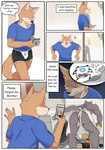 absurd_res anthro ash_(dirittle) balls blush bon_(dirittle) brother_(lore) brothers_(lore) bulge butt canid canine canis cellphone comic comic_sans dirittle duo electronics english_text genitals hi_res male male/male mammal meme muscular muscular_male phone sibling_(lore) text think_mark_think! wolf