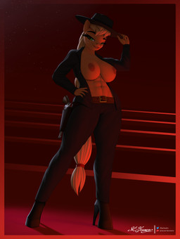abs anthro areola bedroom_eyes belt black_bottomwear black_clothing black_pants black_shirt black_topwear blonde_hair boots bottomwear breasts clothed clothing colored_nails cowboy_hat eyebrows eyelashes female footwear freckled_chest freckled_face freckles green_eyes gun gun_belt hair handgun hat headgear headwear high_heeled_boots high_heels holster holstered_revolver long_eyelashes looking_at_viewer muscular muscular_female nails narrowed_eyes nipples open_clothing open_shirt open_topwear pants ranged_weapon red_background red_nail_polish red_nails revolver seductive shirt shoes simple_background smile solo tail topwear weapon yellow_tail clearvision friendship_is_magic hasbro marty_robbins my_little_pony applejack_(mlp) earth_pony equid equine horse mammal pony 3d_(artwork) absurd_res digital_media_(artwork) hi_res