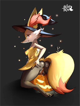 after_masturbation anthro anus areola bedroom_eyes bodily_fluids breasts butt clothing dripping female food fruit fur genital_fluids genitals hair half-closed_eyes hand_on_butt hat hat_only headgear headgear_only headwear headwear_only holidays inner_ear_fluff jack-o'-lantern kneeling leaking looking_at_viewer looking_back mostly_nude narrowed_eyes nipples nude plant presenting presenting_hindquarters pumpkin pussy_juice_leaking rear_view seductive simple_background smile solo spread_butt spreading tail tuft vaginal_fluid_drip vaginal_fluid_string vaginal_fluids vulva witch_hat bronybran halloween nintendo pokemon braixen canid canine generation_6_pokemon mammal pokemon_(species) digital_media_(artwork) hi_res